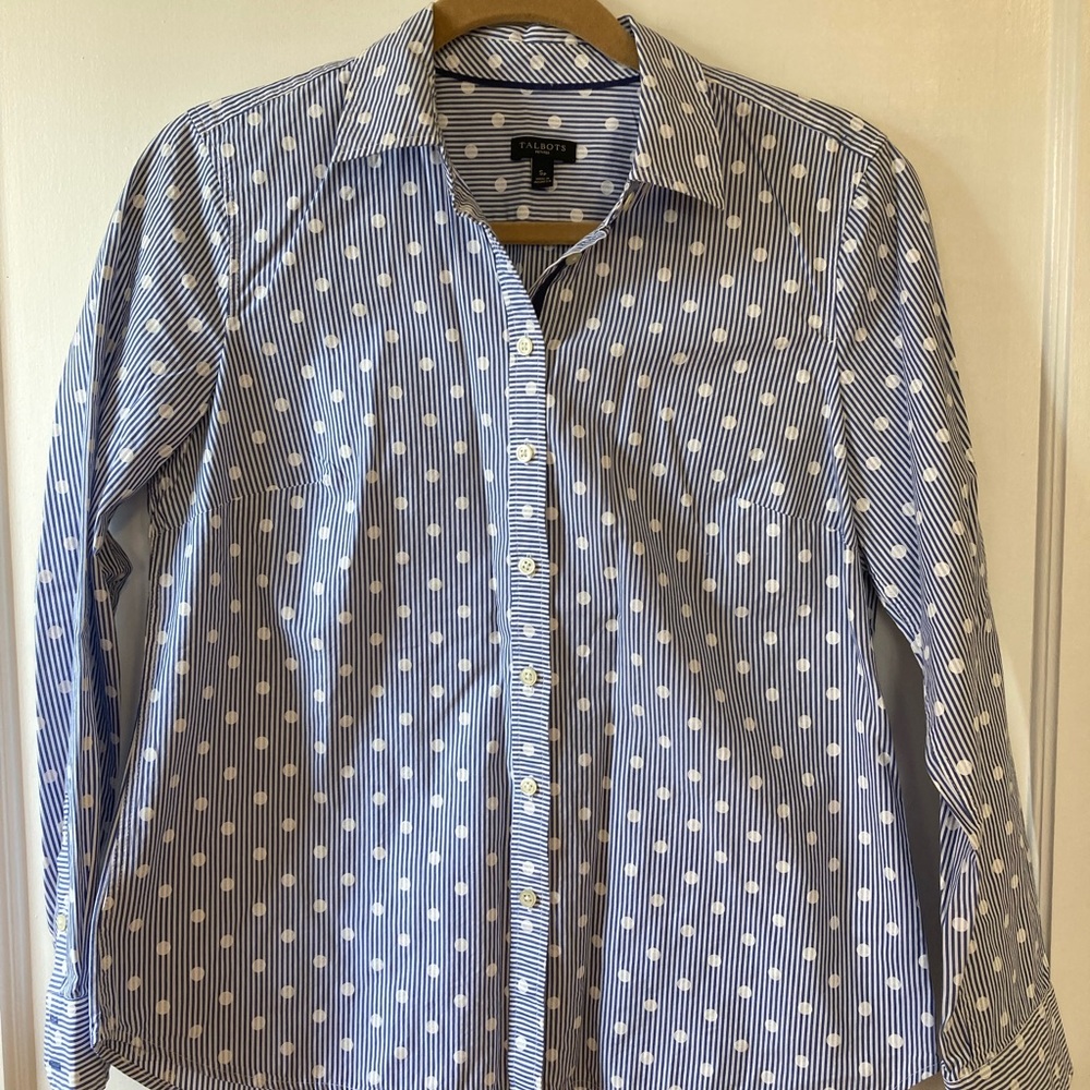 Talbots blue and white striped button down with white polka dots, size PS